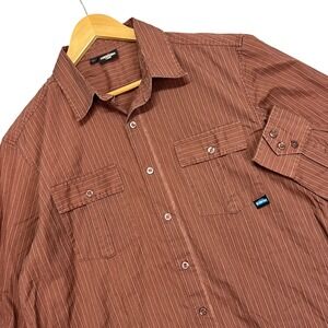 KAVU Mens Large Long Sleeve Button Down Shirt Brown Micro Stripe Cotton Blend